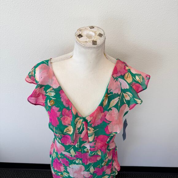 London Times Sleeveless Floral Ruffle Wrap Asymmetrical Hem Maxi Dress Sz 8 NEW - Picture 6 of 15